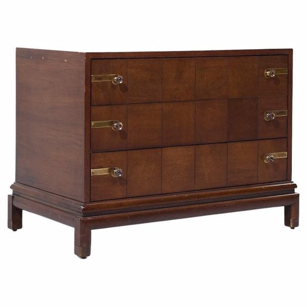 Johnson Furniture Mid Century Walnut and Brass Dresser Chest of Drawers