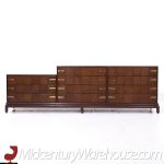Johnson Furniture Mid Century Walnut and Brass Long Lowboy Dresser