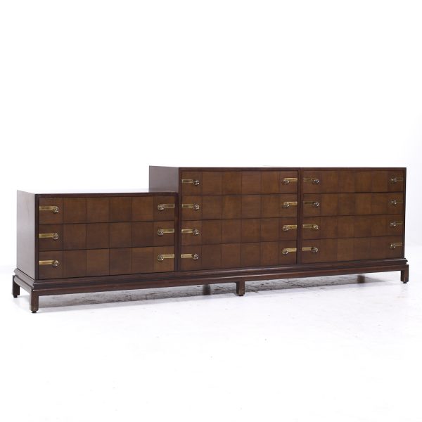 Johnson Furniture Mid Century Walnut and Brass Long Lowboy Dresser