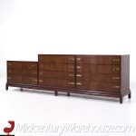 Johnson Furniture Mid Century Walnut and Brass Long Lowboy Dresser