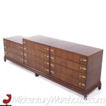 Johnson Furniture Mid Century Walnut and Brass Long Lowboy Dresser