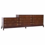 Johnson Furniture Mid Century Walnut and Brass Long Lowboy Dresser