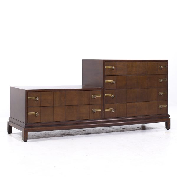 Johnson Furniture Mid Century Walnut and Brass Lowboy Dresser