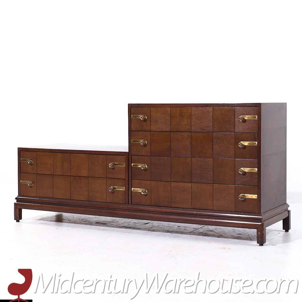 Johnson Furniture Mid Century Walnut and Brass Lowboy Dresser