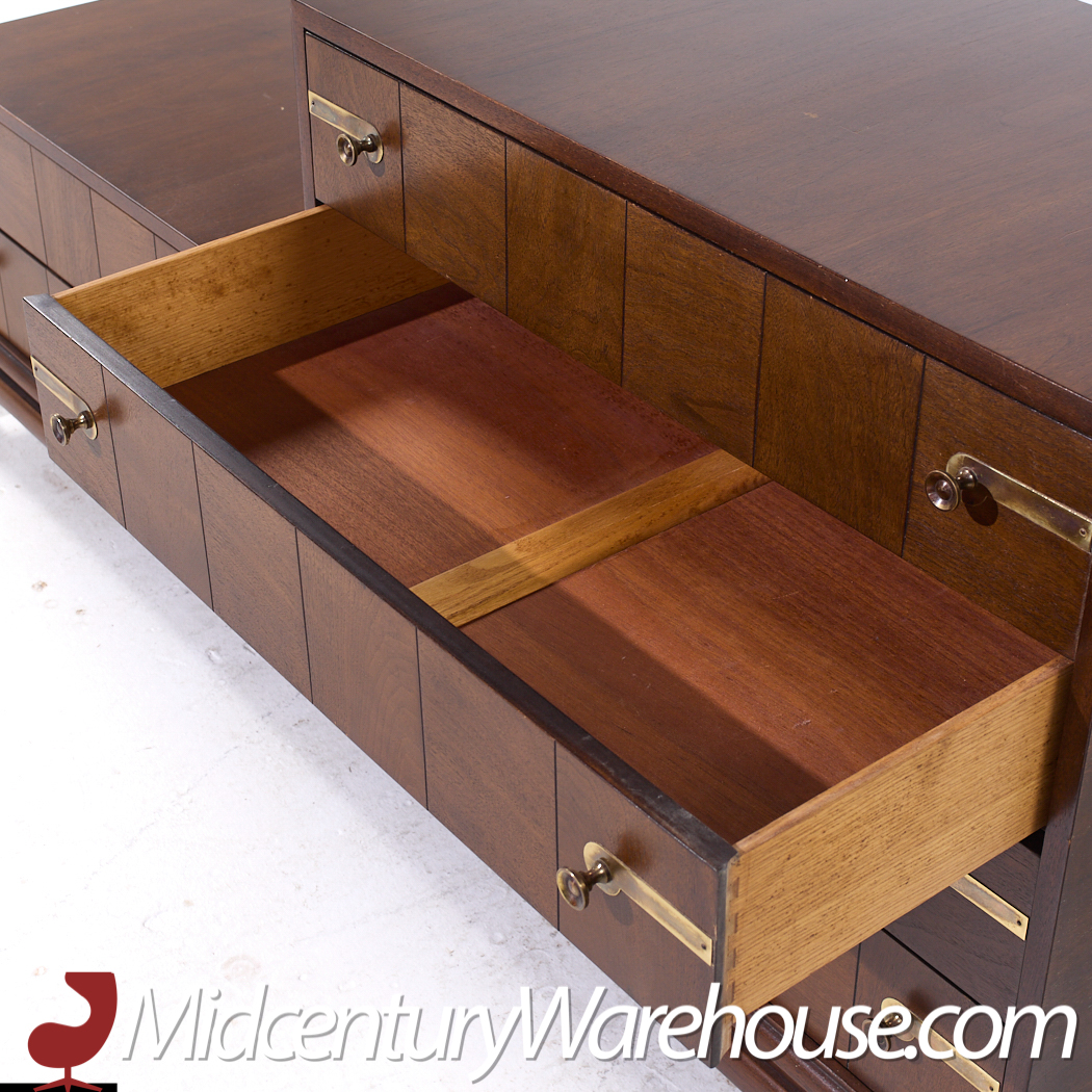 Johnson Furniture Mid Century Walnut and Brass Lowboy Dresser