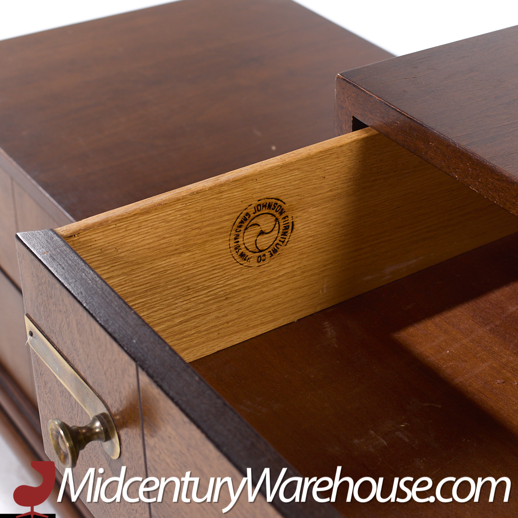 Johnson Furniture Mid Century Walnut and Brass Lowboy Dresser