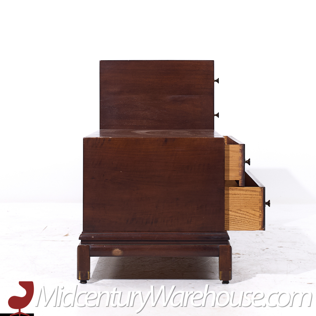 Johnson Furniture Mid Century Walnut and Brass Lowboy Dresser