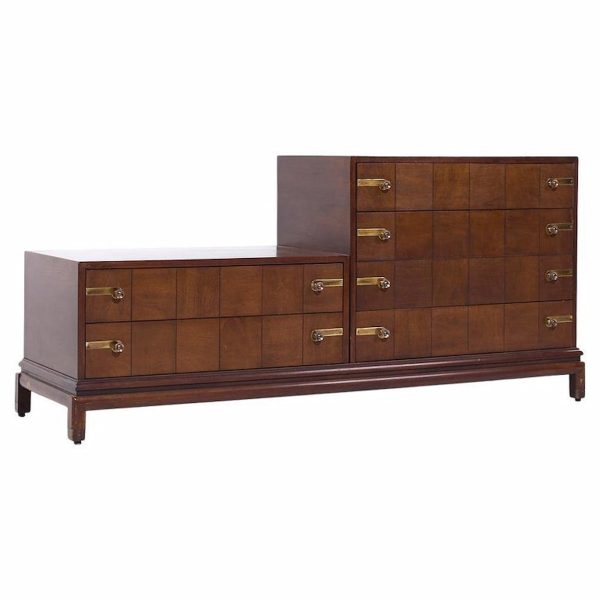 Johnson Furniture Mid Century Walnut and Brass Lowboy Dresser