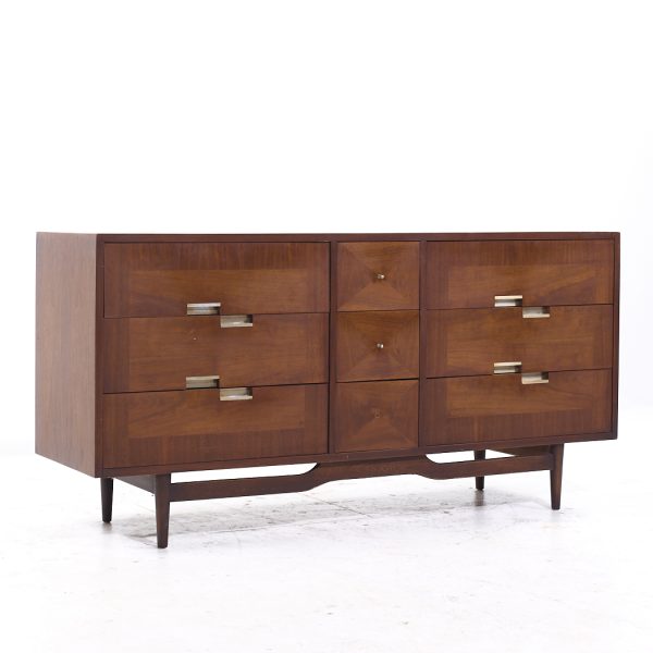 Merton Gershun for American of Martinsville Mid Century Walnut and Brass Lowboy Dresser