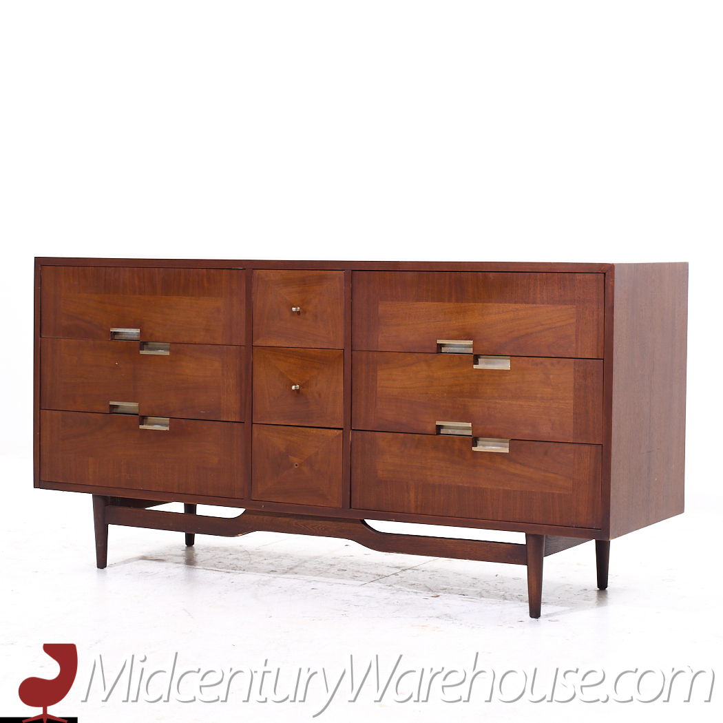 Merton Gershun for American of Martinsville Mid Century Walnut and Brass Lowboy Dresser