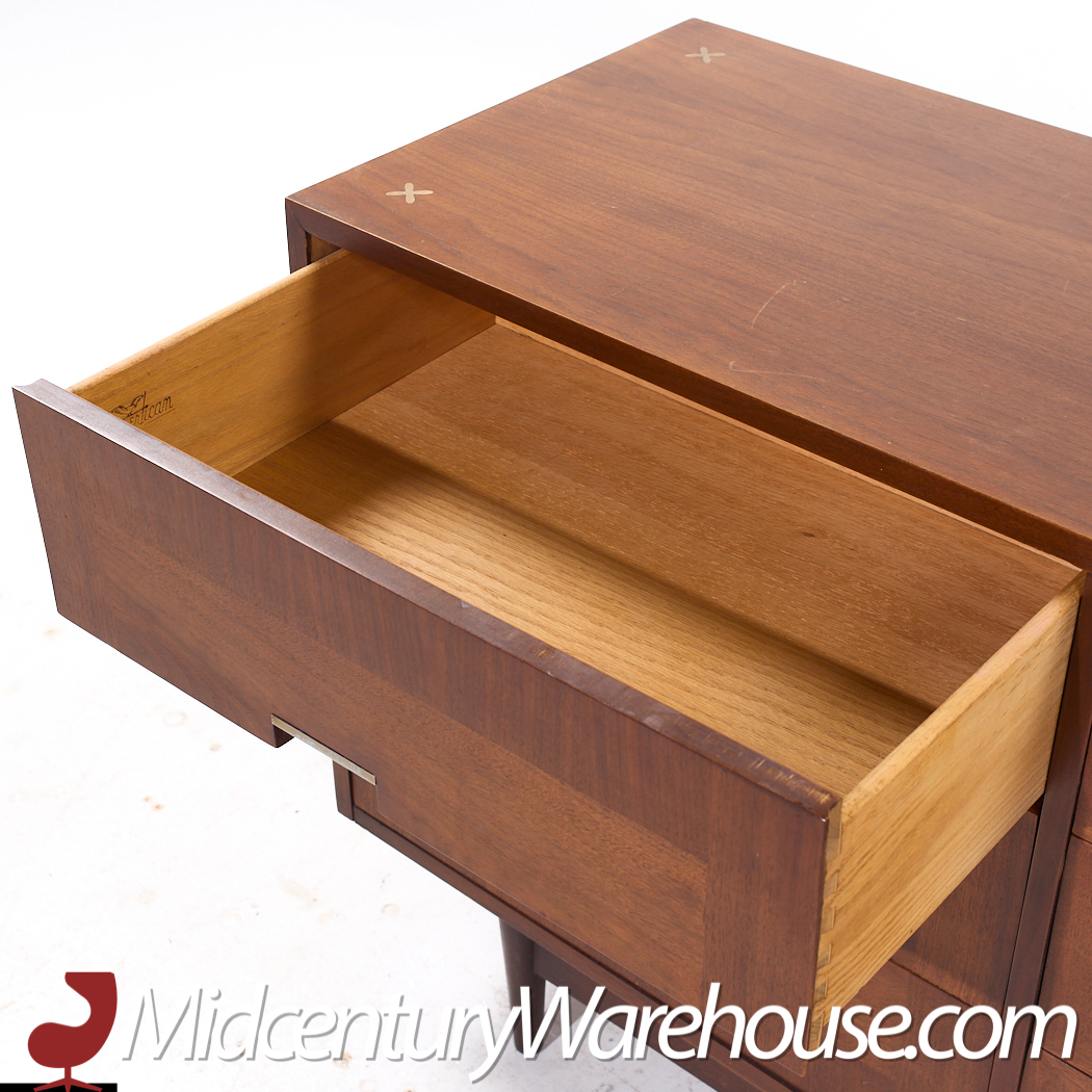 Merton Gershun for American of Martinsville Mid Century Walnut and Brass Lowboy Dresser