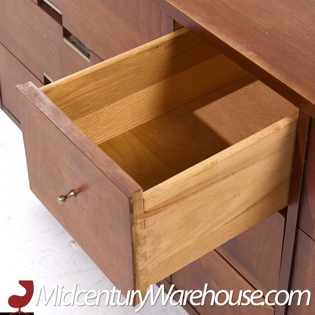 Merton Gershun for American of Martinsville Mid Century Walnut and Brass Lowboy Dresser
