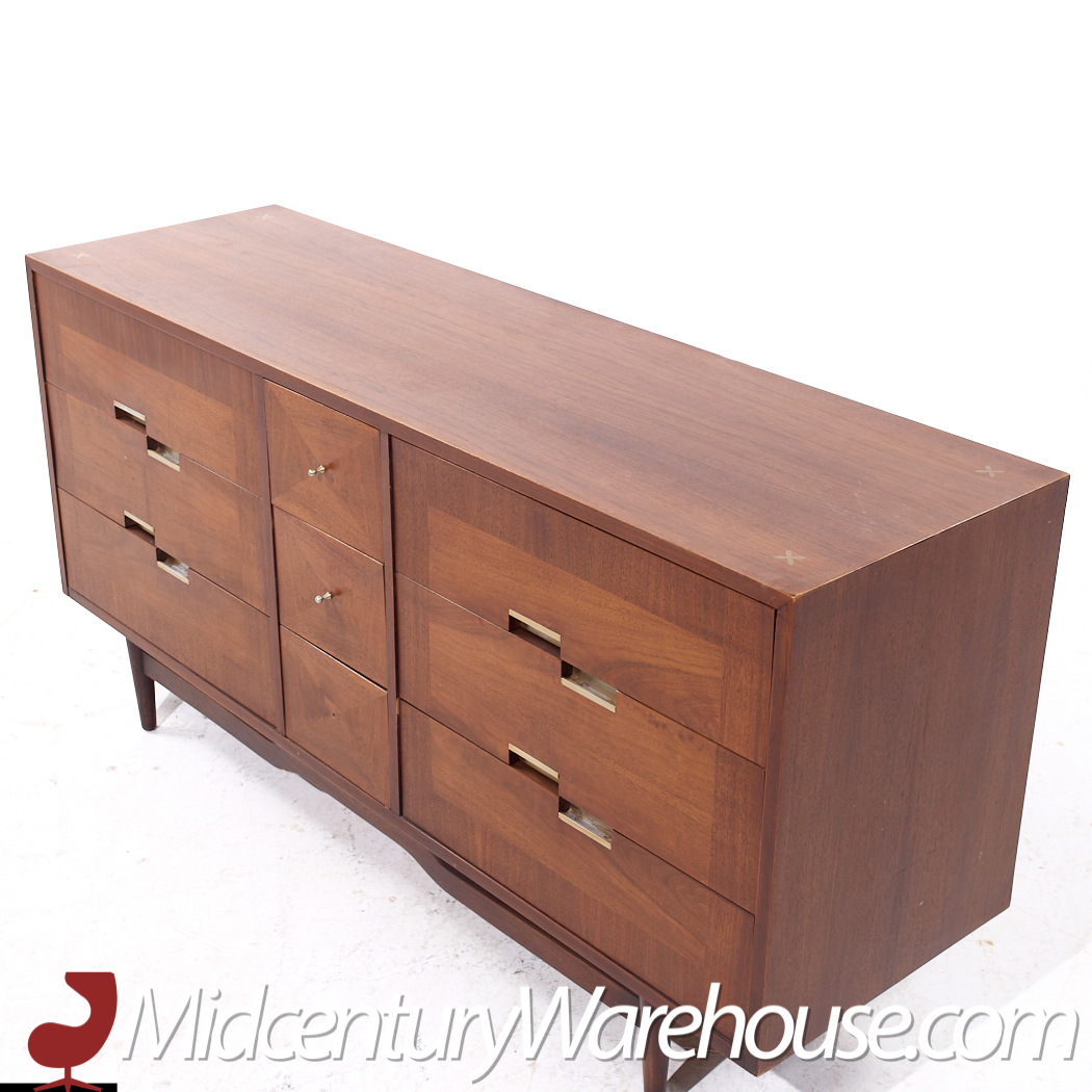 Merton Gershun for American of Martinsville Mid Century Walnut and Brass Lowboy Dresser