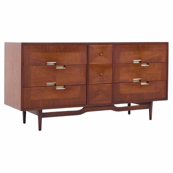 Merton Gershun for American of Martinsville Mid Century Walnut and Brass Lowboy Dresser