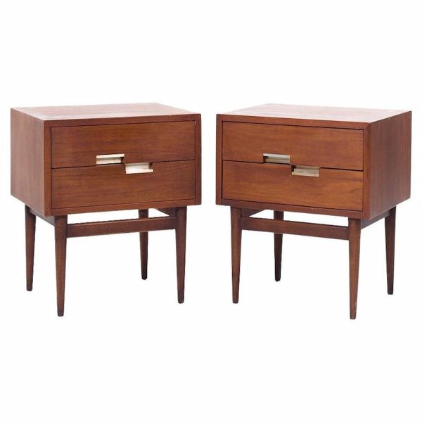 Merton Gershun for American of Martinsville Mid Century Walnut and Brass Nightstands - Pair