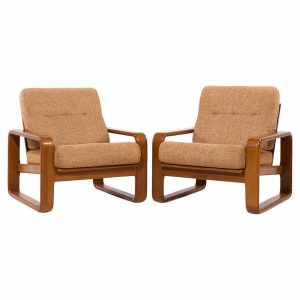 Milo Baughman Style Mid Century Teak Lounge Chairs - Pair
