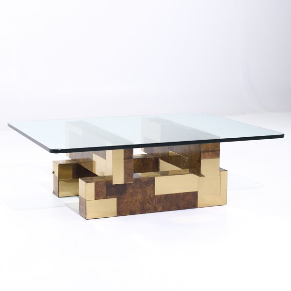 Paul Evans for Directional Mid Century Burlwood and Brass Coffee Table
