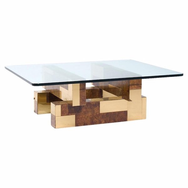 Paul Evans for Directional Mid Century Burlwood and Brass Coffee Table