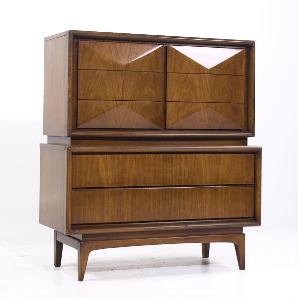 United Furniture Mid Century Diamond Walnut Highboy Dresser
