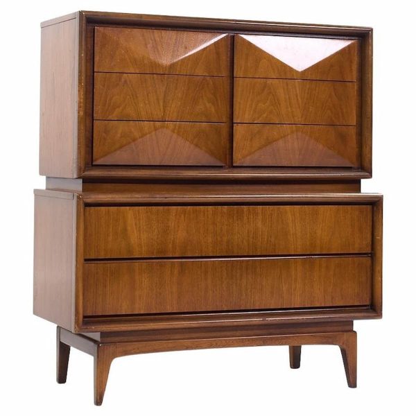 United Furniture Mid Century Diamond Walnut Highboy Dresser