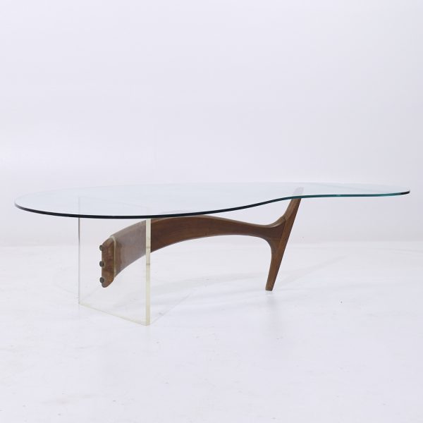 Vladimir Kagan Style Mid Century Walnut and Lucite Kidney Shaped Coffee Table