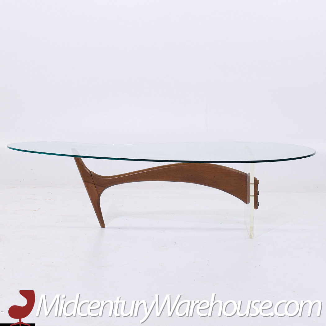 Vladimir Kagan Style Mid Century Walnut and Lucite Kidney Shaped Coffee Table