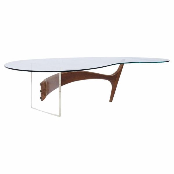 Vladimir Kagan Style Mid Century Walnut and Lucite Kidney Shaped Coffee Table