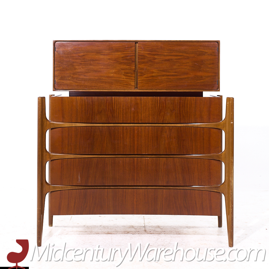 William Hinn Mid Century Walnut Curved Front Highboy Dresser