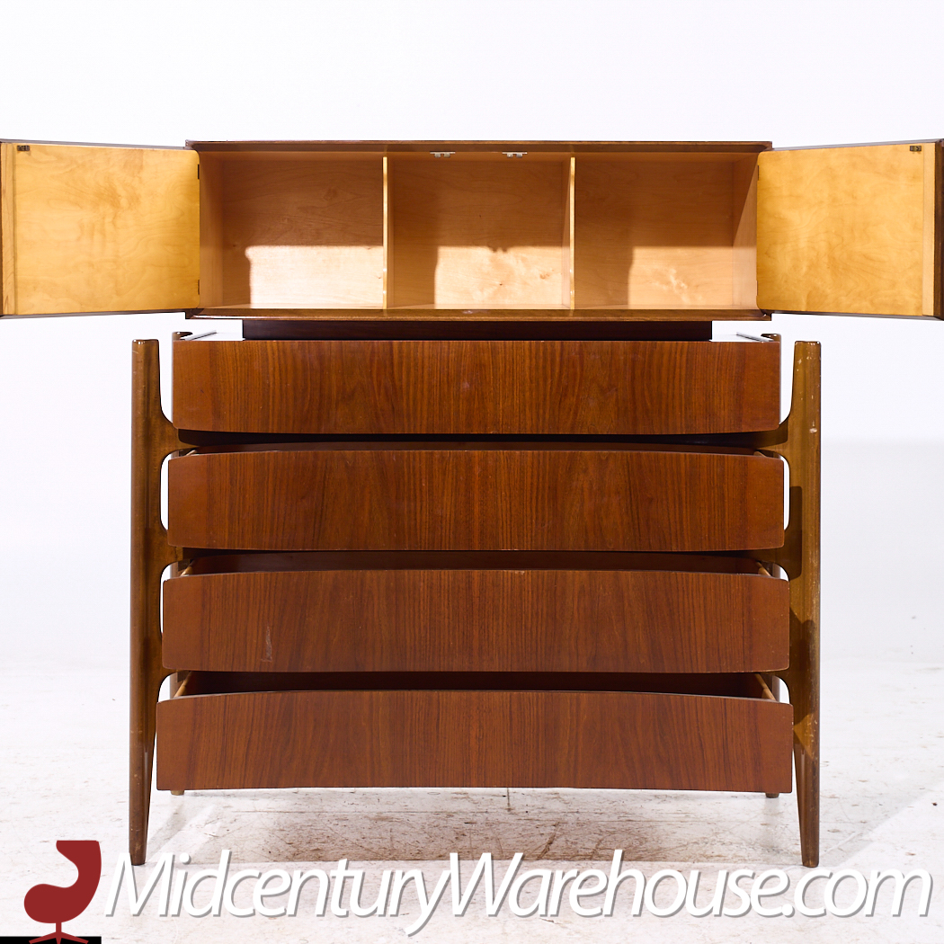 William Hinn Mid Century Walnut Curved Front Highboy Dresser