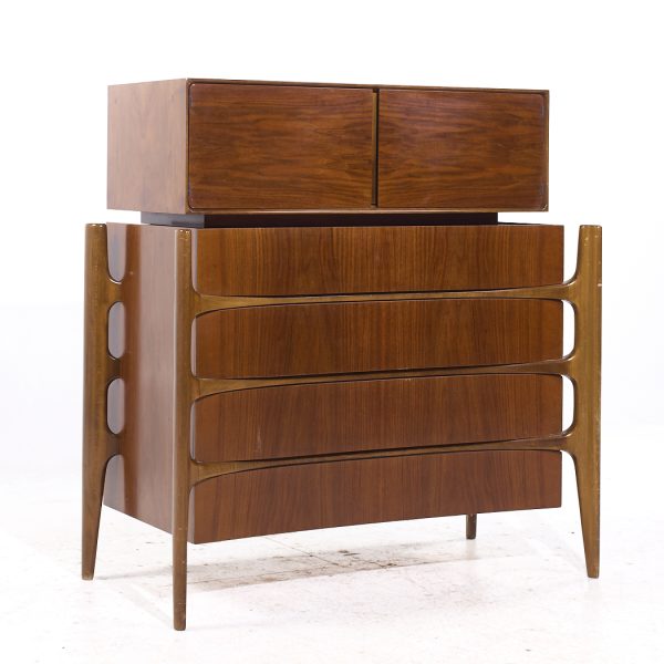 William Hinn Mid Century Walnut Curved Front Highboy Dresser