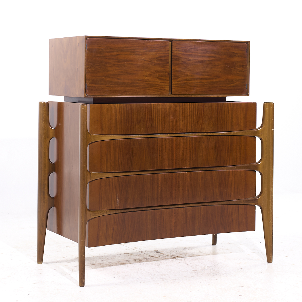 William Hinn Mid Century Walnut Curved Front Highboy Dresser