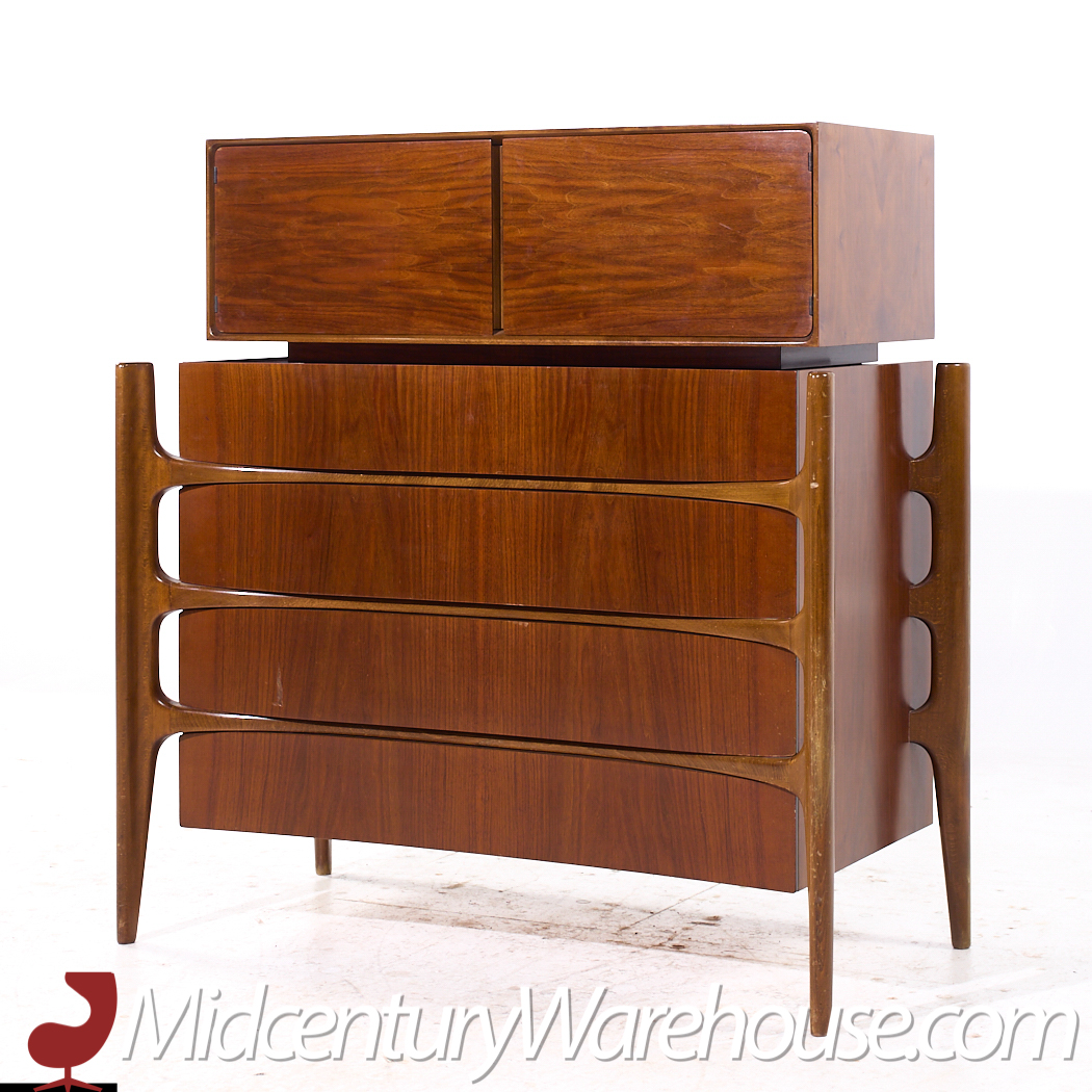 William Hinn Mid Century Walnut Curved Front Highboy Dresser