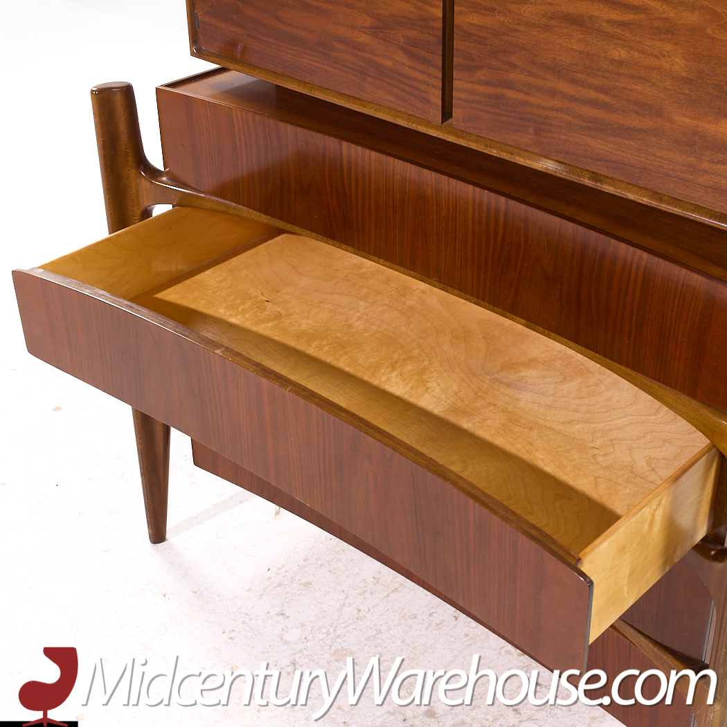 William Hinn Mid Century Walnut Curved Front Highboy Dresser