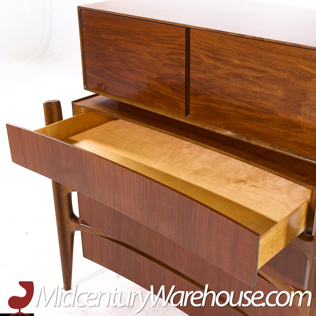 William Hinn Mid Century Walnut Curved Front Highboy Dresser