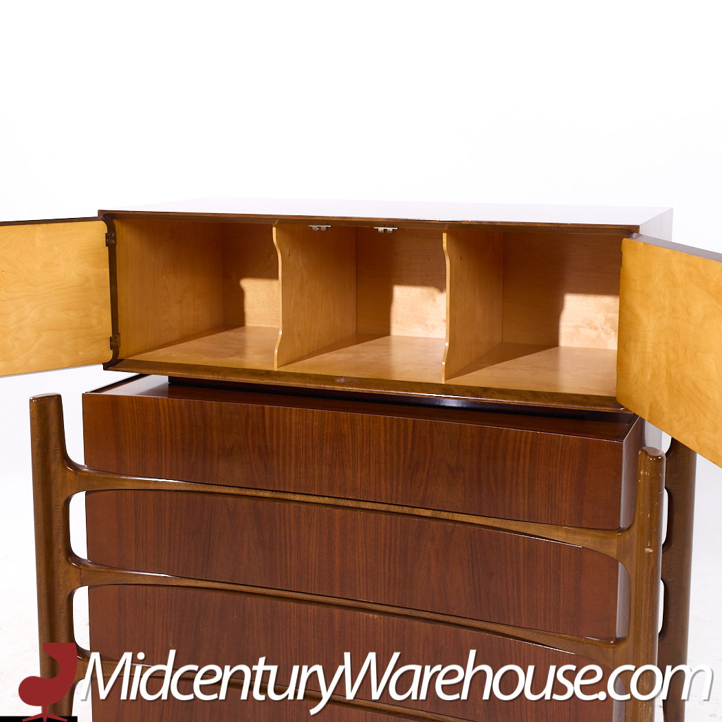 William Hinn Mid Century Walnut Curved Front Highboy Dresser
