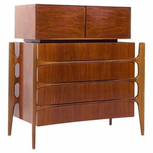 William Hinn Mid Century Walnut Curved Front Highboy Dresser