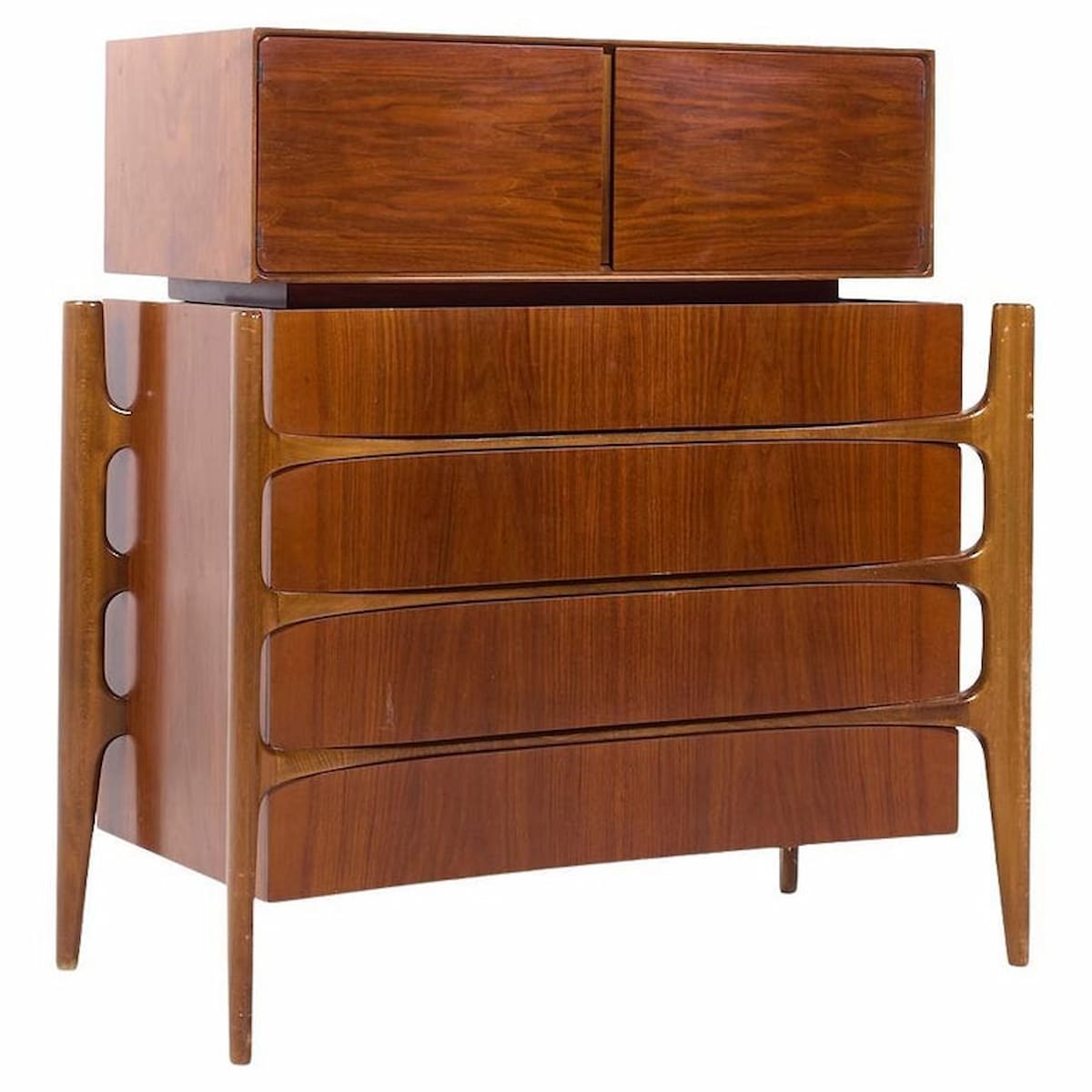 William Hinn Mid Century Walnut Curved Front Highboy Dresser
