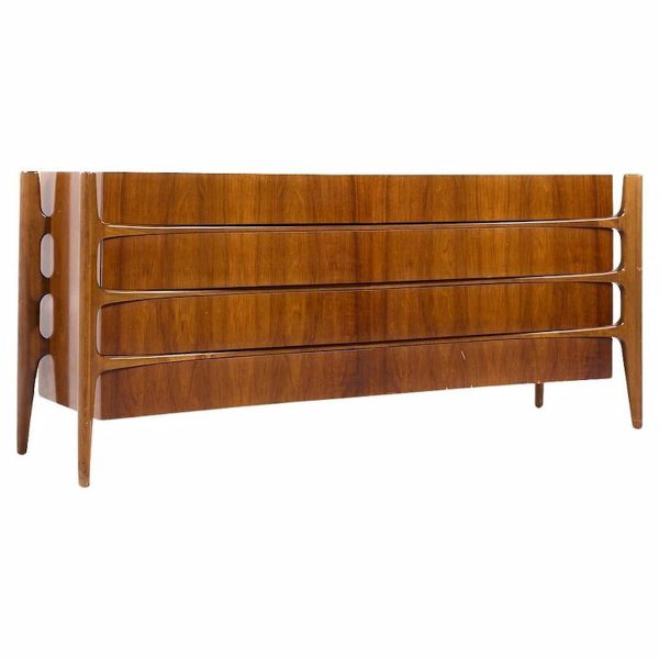William Hinn Mid Century Walnut Curved Front Lowboy Dresser