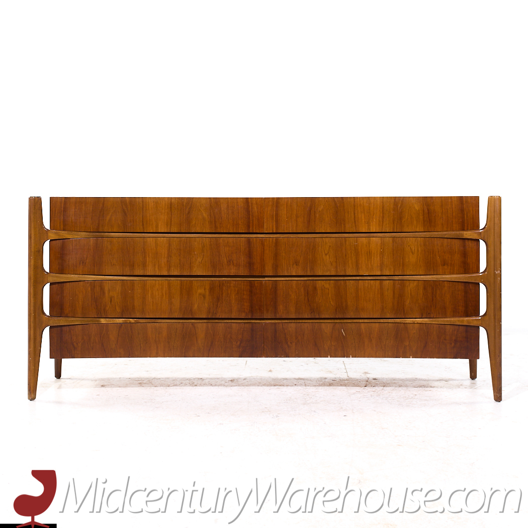 William Hinn Mid Century Walnut Curved Front Lowboy Dresser