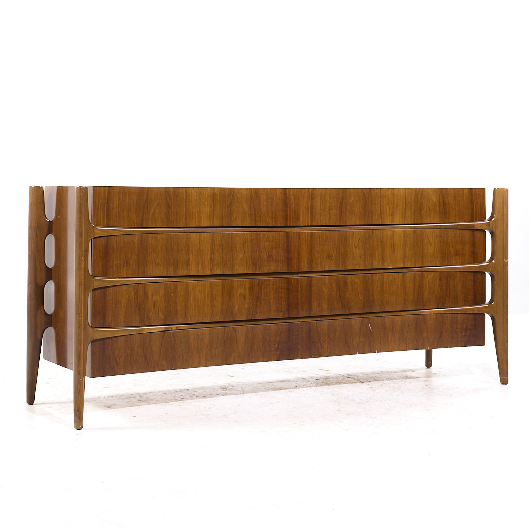 William Hinn Mid Century Walnut Curved Front Lowboy Dresser