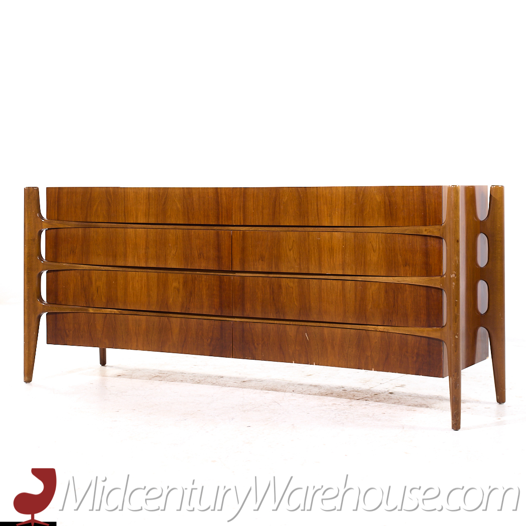 William Hinn Mid Century Walnut Curved Front Lowboy Dresser