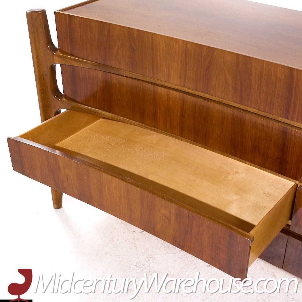 William Hinn Mid Century Walnut Curved Front Lowboy Dresser