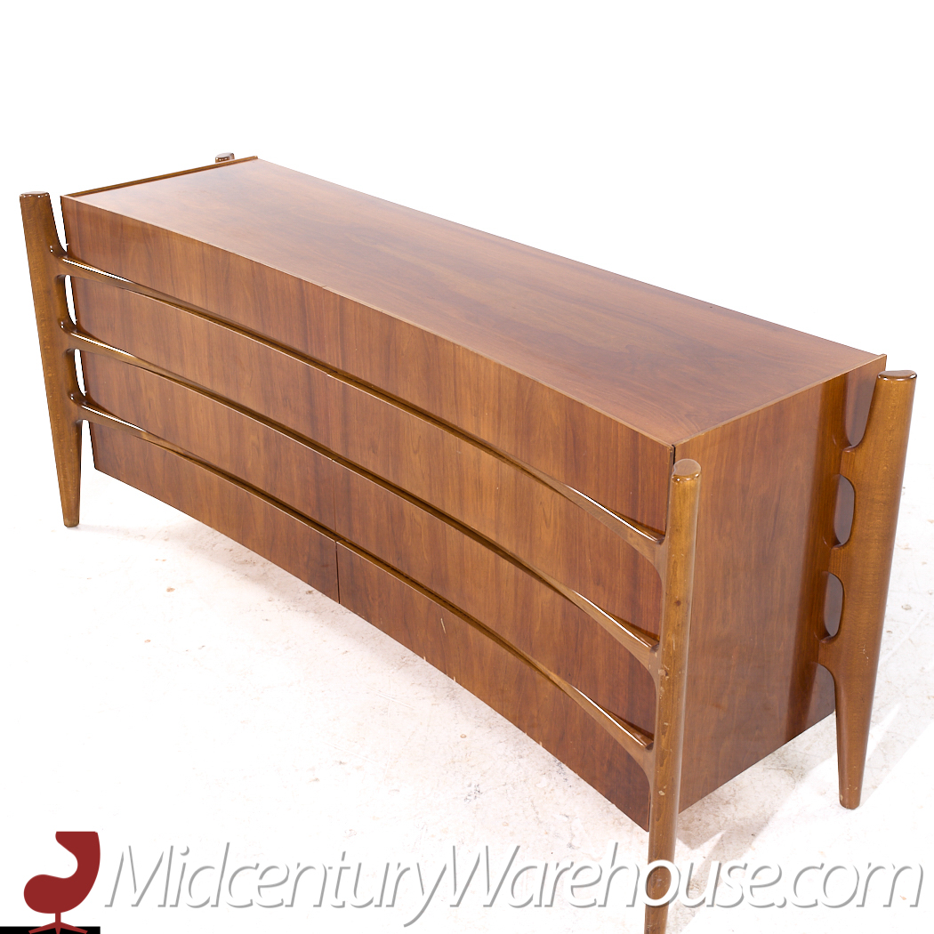 William Hinn Mid Century Walnut Curved Front Lowboy Dresser