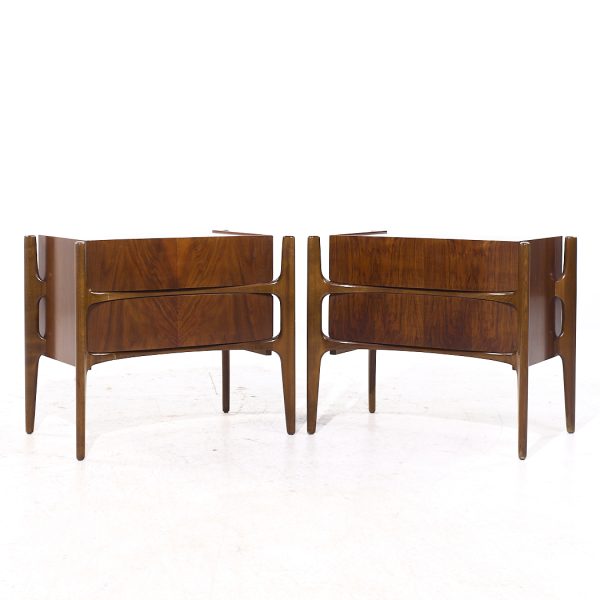 William Hinn Mid Century Walnut Curved Front Nightstands - Pair