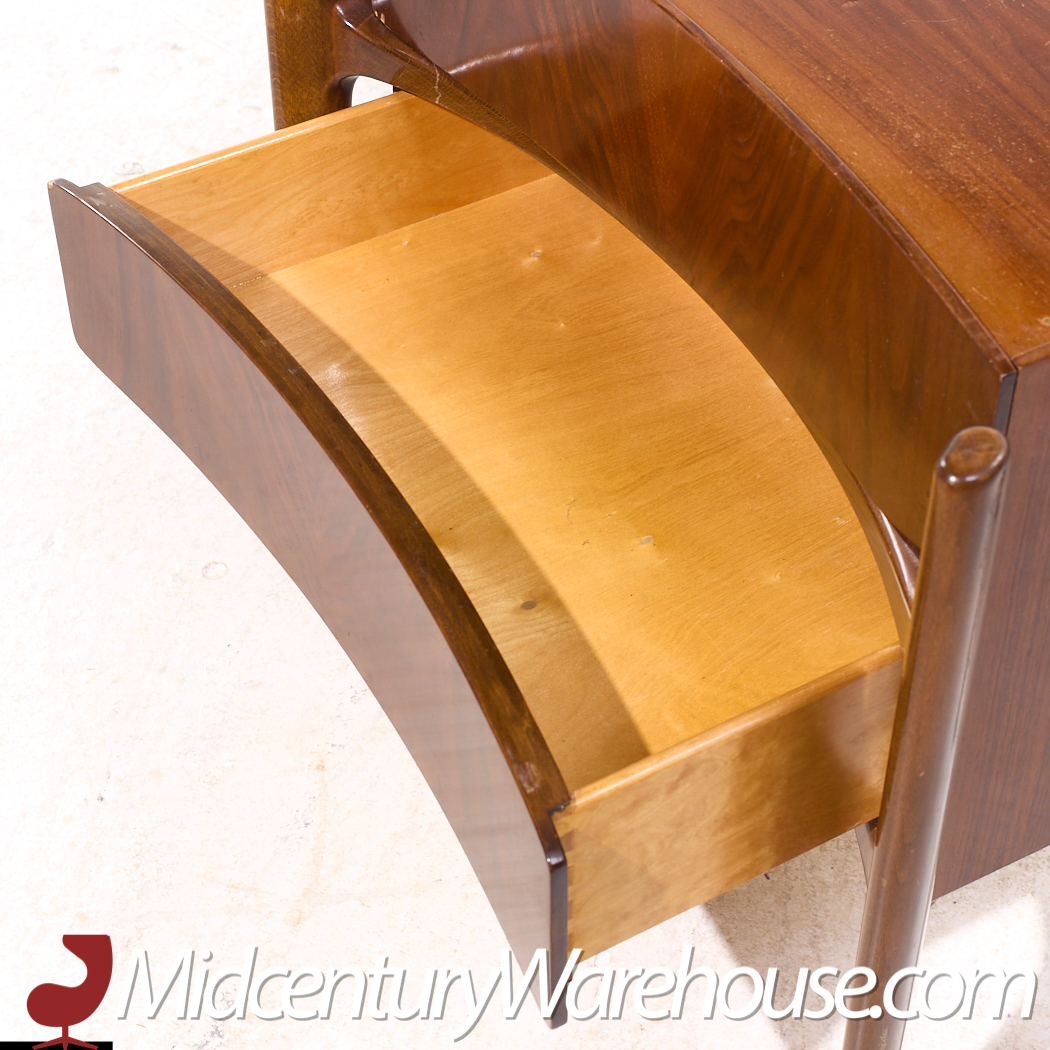 William Hinn Mid Century Walnut Curved Front Nightstands - Pair