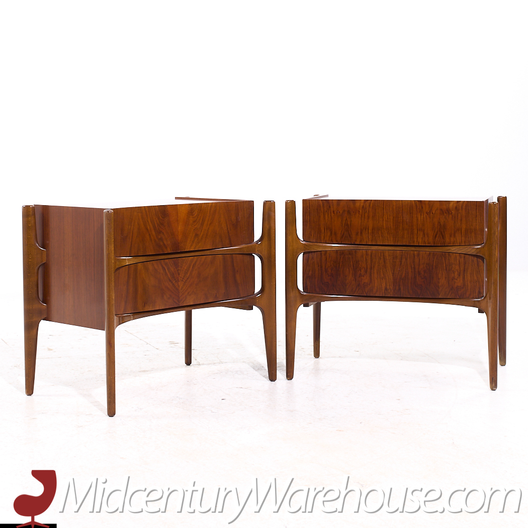 William Hinn Mid Century Walnut Curved Front Nightstands - Pair