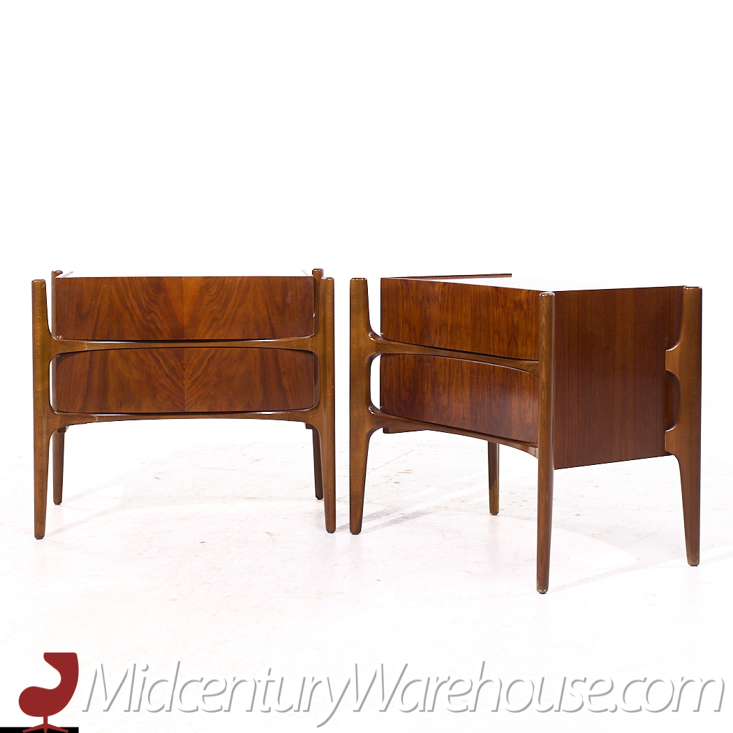 William Hinn Mid Century Walnut Curved Front Nightstands - Pair