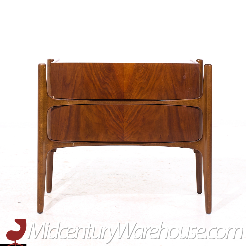 William Hinn Mid Century Walnut Curved Front Nightstands - Pair