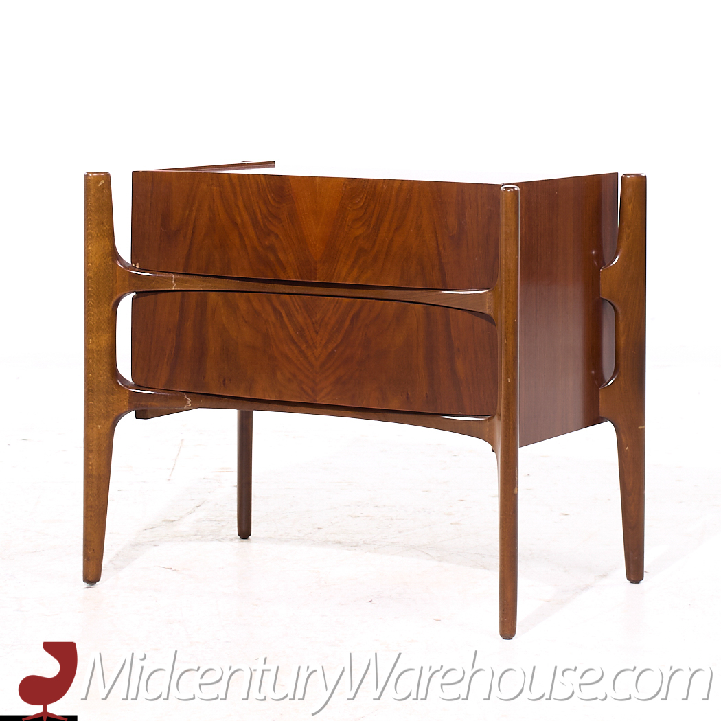 William Hinn Mid Century Walnut Curved Front Nightstands - Pair