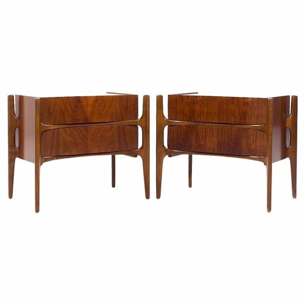 William Hinn Mid Century Walnut Curved Front Nightstands - Pair